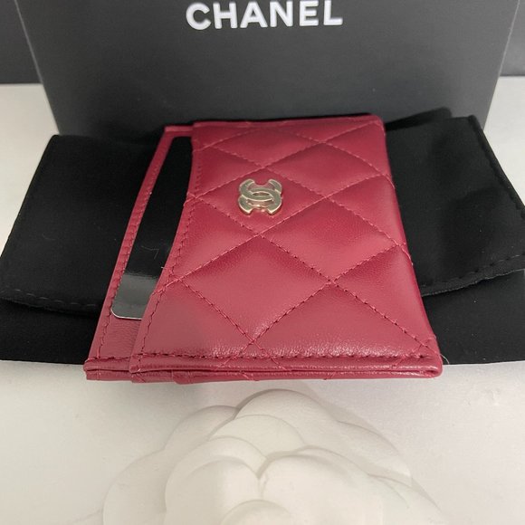 CHANEL NWB FULL SET 21A BURGUNDY GOLD TONE CARD CASE WALLET - Picture 4 of 7